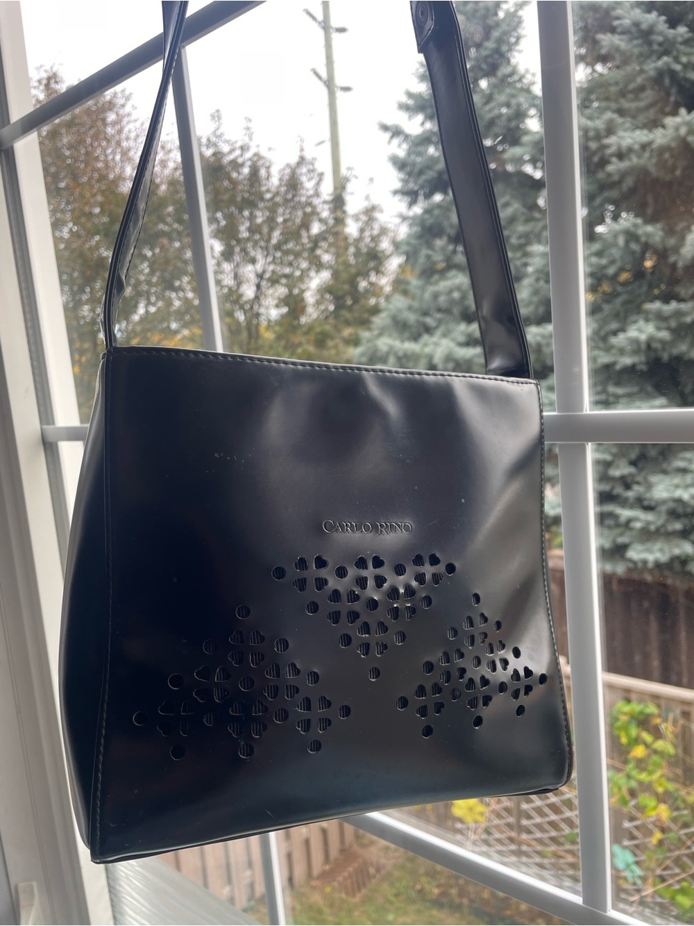 Vintage Carlo Rino Black heart Laser-Cut Shoulder Bag. Convertible strap.